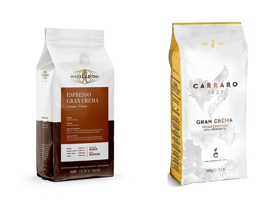Ultimate Italian Crema bundle café gourmet Carraro et Miscela d'oro 2x1kg