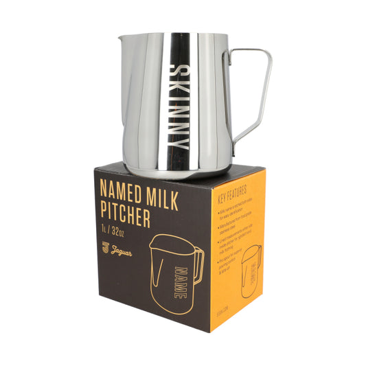 JAGUAR NAMED MILK FOAMING JUG WITH ETCHED VOLUME MEASURES - 1 LITRE 'SKINNY'