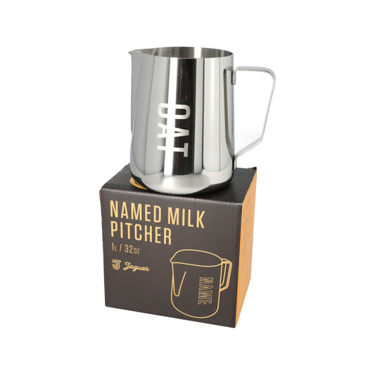 JAGUAR NAMED MILK FOAMING JUG WITH ETCHED VOLUME MEASURES - 1 LITRE 'OAT'