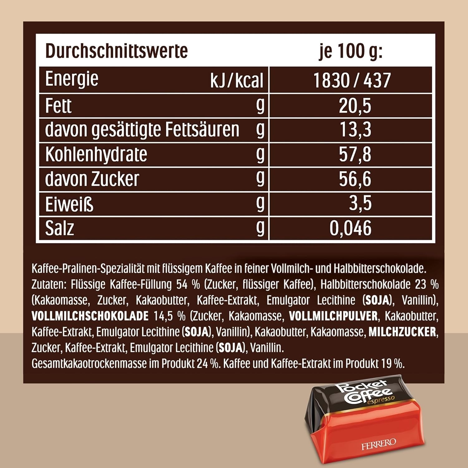 Pocket Coffee Espresso – 3 packs of 18 Chocolates (3 x 225g) – with caffeine