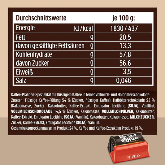 Pocket Coffee Espresso – 3 packs of 18 Chocolates (3 x 225g) – with caffeine