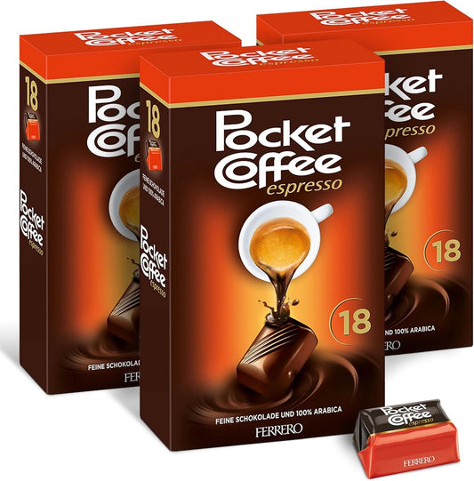 Pocket Coffee Espresso – 3 packs of 18 Chocolates (3 x 225g) – with caffeine