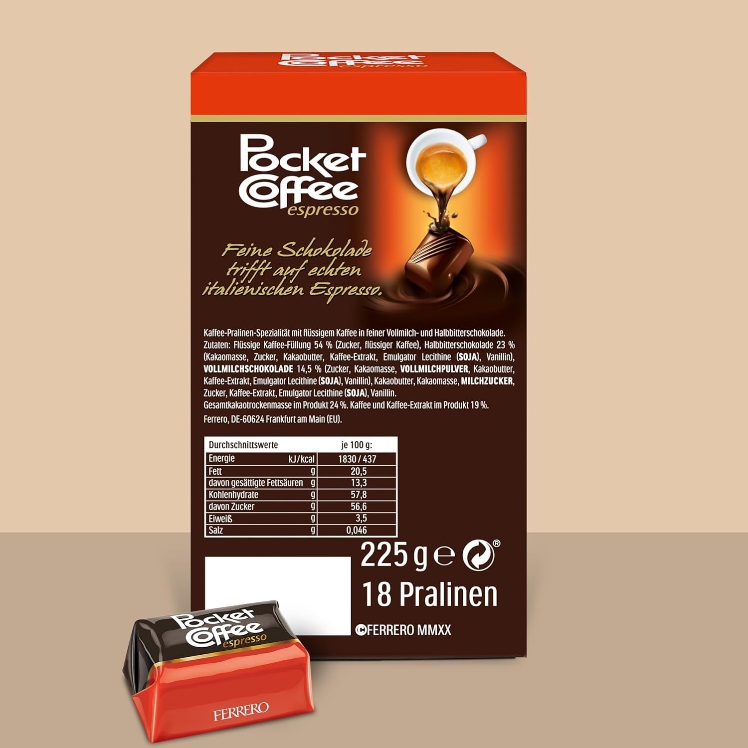 Pocket Coffee Espresso – 3 packs of 18 Chocolates (3 x 225g) – with caffeine